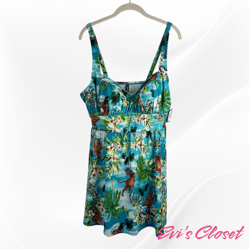 torrid Teal Tropical Print Skirted Swimdress - Picture 3 of 10